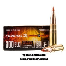 Federal Subsonic 300 AAC Blackout Ammo - 20 Rounds of 190 Grain Fusion Tipped Ammunition
