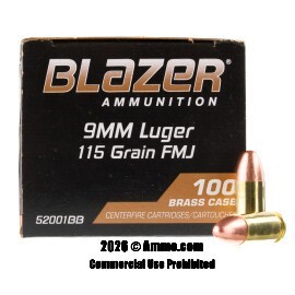 Blazer Brass 9mm Ammo - 100 Rounds of 115 Grain FMJ Ammunition