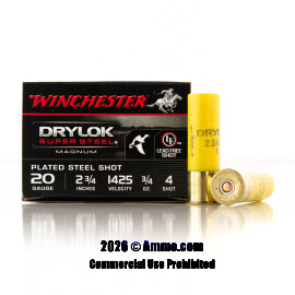Image of Winchester DryLok Super Steel 20 Gauge Ammo - 25 Rounds of 3/4 oz. #4 Steel Shot Ammunition