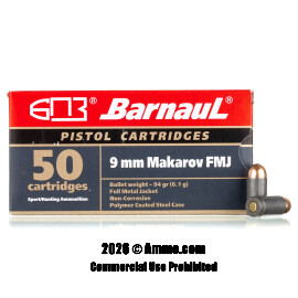 Image of Barnaul 9mm Makarov Ammo - 50 Rounds of 94 Grain FMJ Ammunition