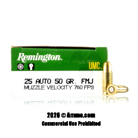 Image of Remington 25 ACP Ammo - 50 Rounds of 50 Grain FMJ Ammunition