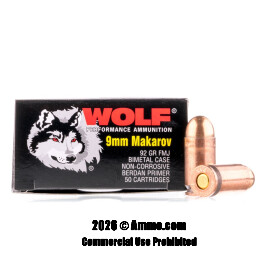 Image of Wolf 9mm Makarov Ammo - 50 Rounds of 92 Grain FMJ Ammunition