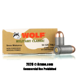 Image of Wolf 9mm Makarov Ammo - 50 Rounds of 94 Grain FMJ Ammunition