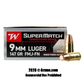 Image of Winchester Super Match Minor Power Factor 9mm Ammo - 500 Rounds of 147 Grain FMJ FN Ammunition