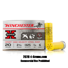 Winchester 20 Gauge Ammo - 250 Rounds of 3/4 oz. #6 Shot (Steel) Ammunition