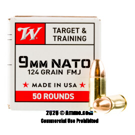 Winchester USA 9mm NATO Ammo - 50 Rounds of 124 Grain FMJ Ammunition