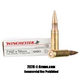 Winchester 7.62x51 Ammo - 20 Rounds of 149 Grain FMJ M80 Ammunition
