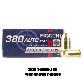 Image of Fiocchi 380 ACP Ammo - 50 Rounds of 95 Grain FMJ Ammunition