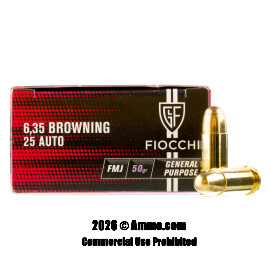 Image of Fiocchi 25 ACP Ammo - 50 Rounds of 50 Grain FMJ Ammunition