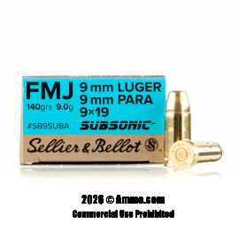 Image of Sellier and Bellot 9mm Ammo - 1000 Rounds of 140 Grain FMJ Subsonic Ammunition