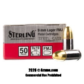 Image of Sterling Steel 9mm Ammo - 50 Rounds of 115 Grain FMJ Ammunition *STEEL CASES*