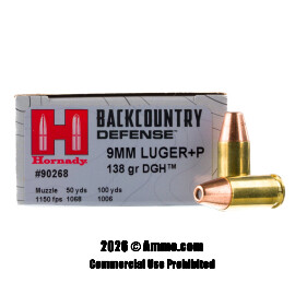 Image of Hornady Backcountry Defense 9mm +P Ammo - 25 Rounds of 138 Grain DGH Ammunition