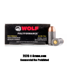 Image of Wolf 9mm Makarov Ammo - 50 Rounds of 94 Grain FMJ Ammunition