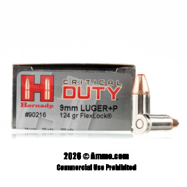 Image of Hornady Critical Duty 9mm +P Ammo - 250 Rounds of 124 Grain JHP Ammunition
