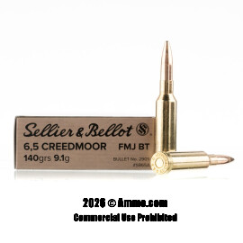 Sellier & Bellot 6.5 Creedmoor Ammo - 20 Rounds of 140 Grain FMJBT Ammunition