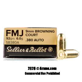 Sellier and Bellot 380 ACP Ammo - 50 Rounds of 92 Grain FMJ Ammunition