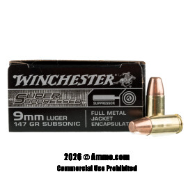 Image of Winchester Super Suppressed 9mm Ammo - 50 Rounds of 147 Grain FMJ Encapsulated Ammunition