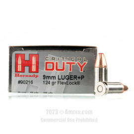Image of Hornady Critical Duty 9mm +P Ammo - 250 Rounds of 124 Grain JHP Ammunition