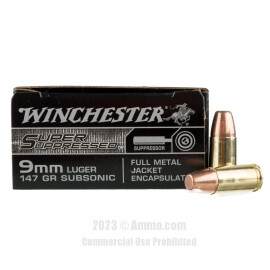 Image of Winchester Super Suppressed 9mm Ammo - 50 Rounds of 147 Grain FMJ Encapsulated Ammunition