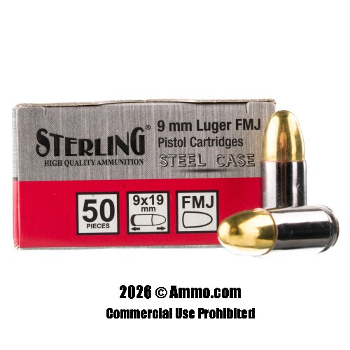 Sterling Steel 9mm Ammo - 1000 Rounds of 115 Grain FMJ Ammunition *STEEL CASES*