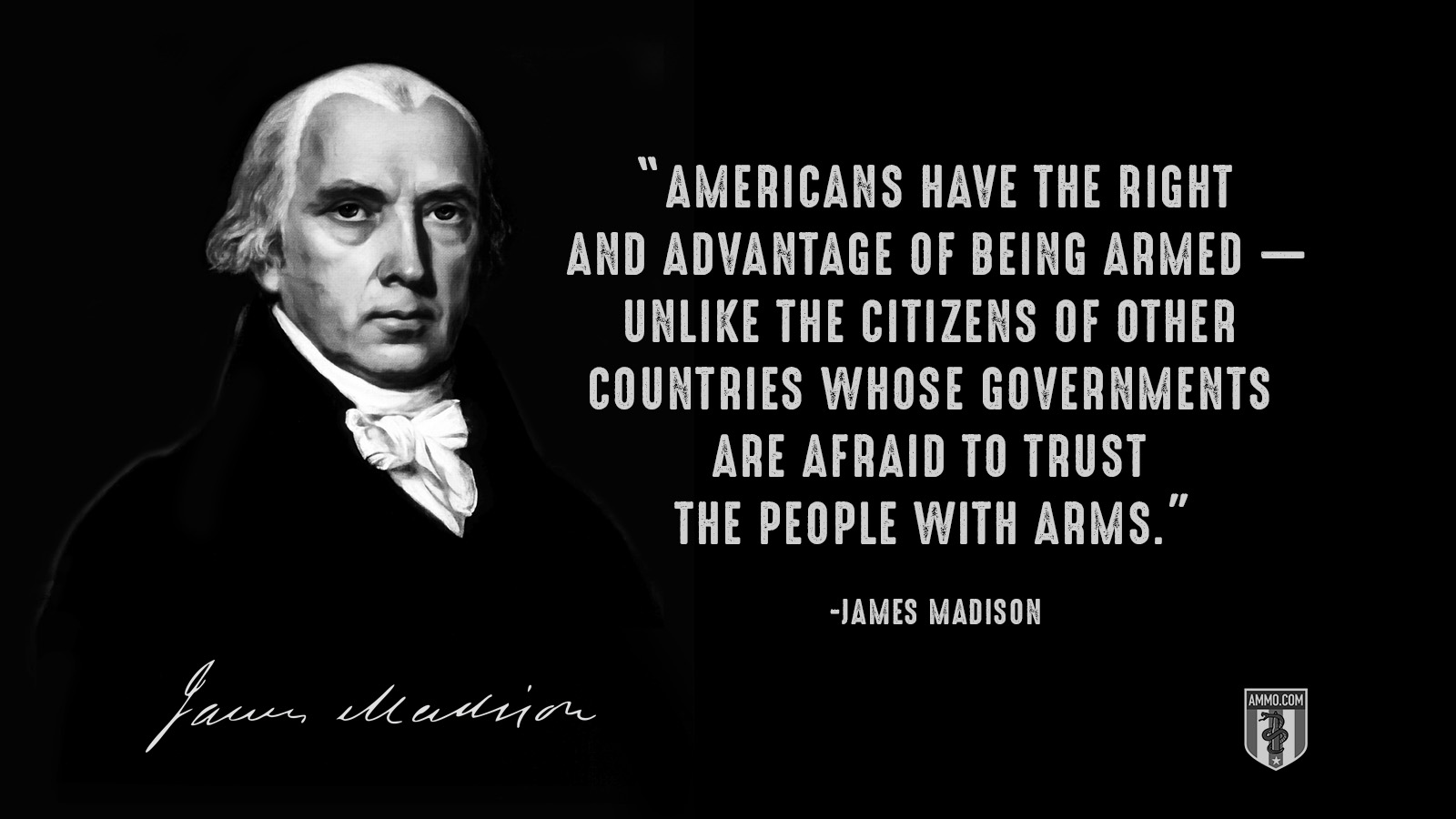 “Americans have the right and advantage of being armed ― unlike the citizens of other countries whose governments are afraid to trust the people with arms.” - James Madison