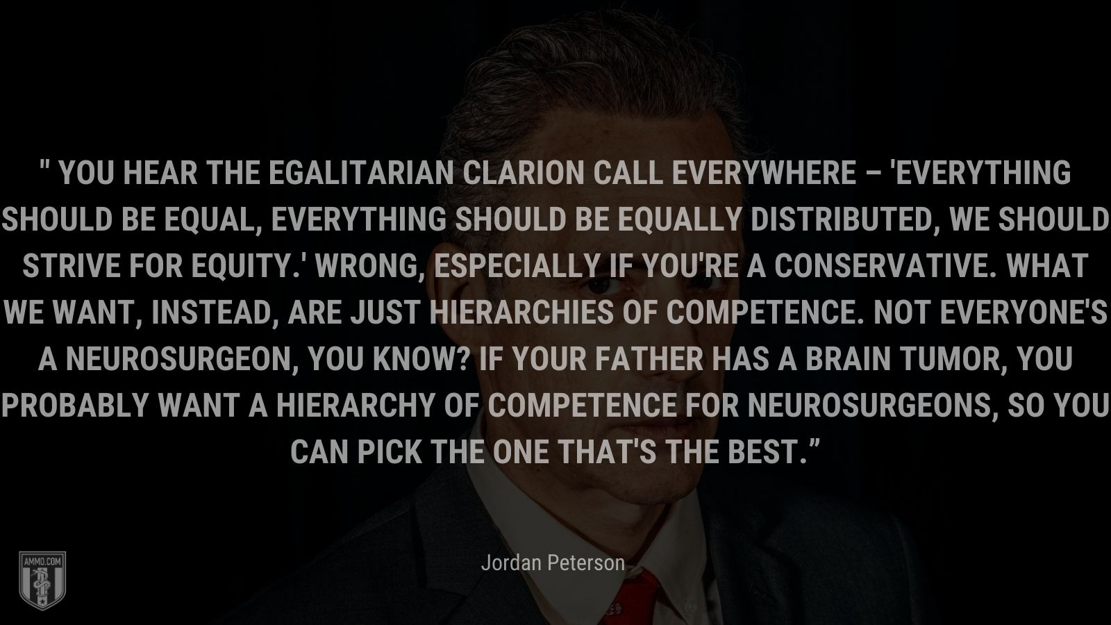 “ “You hear the egalitarian clarion call everywhere – 'Everything should be equal, everything should be equally distributed, we should strive for equity.' Wrong, especially if you're a conservative. What we want, instead, are just hierarchies of competence. Not everyone's a neurosurgeon, you know? If your father has a brain tumor, you probably want a hierarchy of competence for neurosurgeons, so you can pick the one that's the best. ” - Jordan Peterson