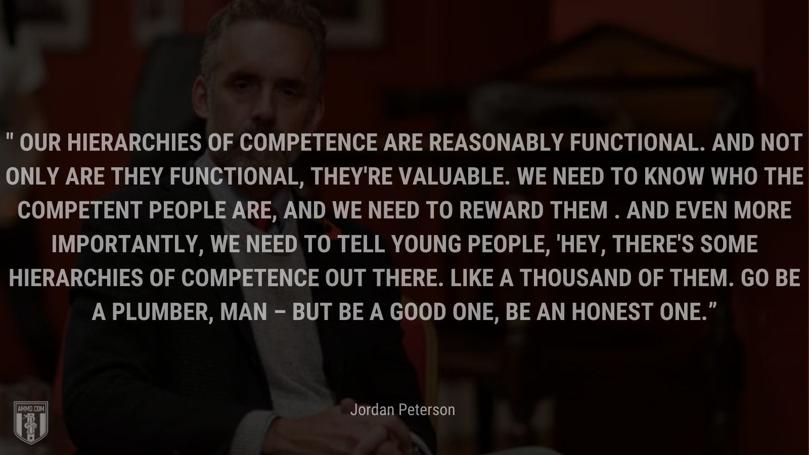 “Our hierarchies of competence are reasonably functional. And not only are they functional, they're valuable. We need to know who the competent people are, and we need to reward them. And even more importantly, we need to tell young people, 'Hey, there's some hierarchies of competence out there. Like a thousand of them. Go be a plumber, man – but be a good one, be an honest one.” - Jordan Peterson