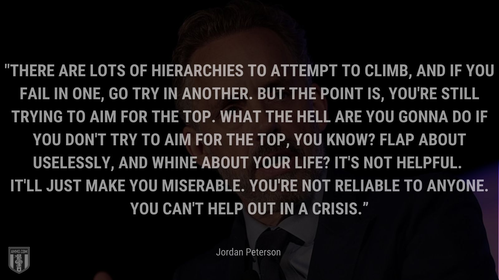 “There are lots of hierarchies to attempt to climb, and if you fail in one, go try in another. But the point is, you're still trying to aim for the top. What the hell are you gonna do if you don't try to aim for the top, you know? Flap about uselessly, and whine about your life? It's not helpful. It'll just make you miserable. You're not reliable to anyone. You can't help out in a crisis.” - Jordan Peterson